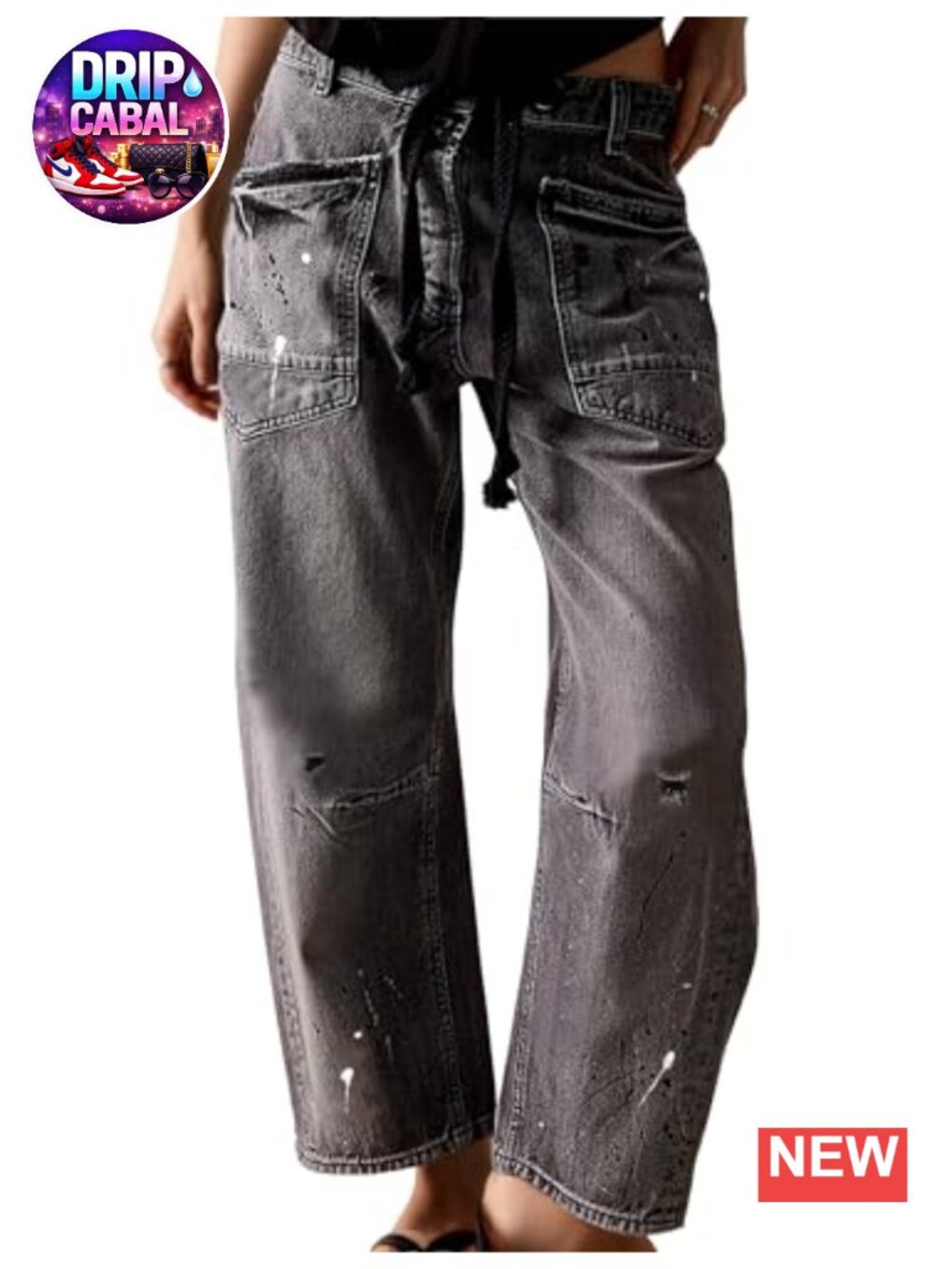 Baggy Barrel Jeans Women Low Rise Drawstring Wide Leg Denim Pants with Pockets